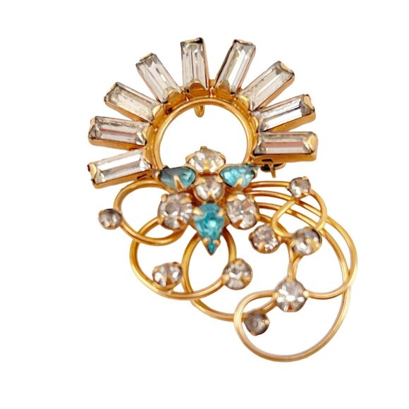 M & S Vintage 12K Gold Filled Blue Rhinestone Ornate Floral Blue Brooch - Picture 5 of 9